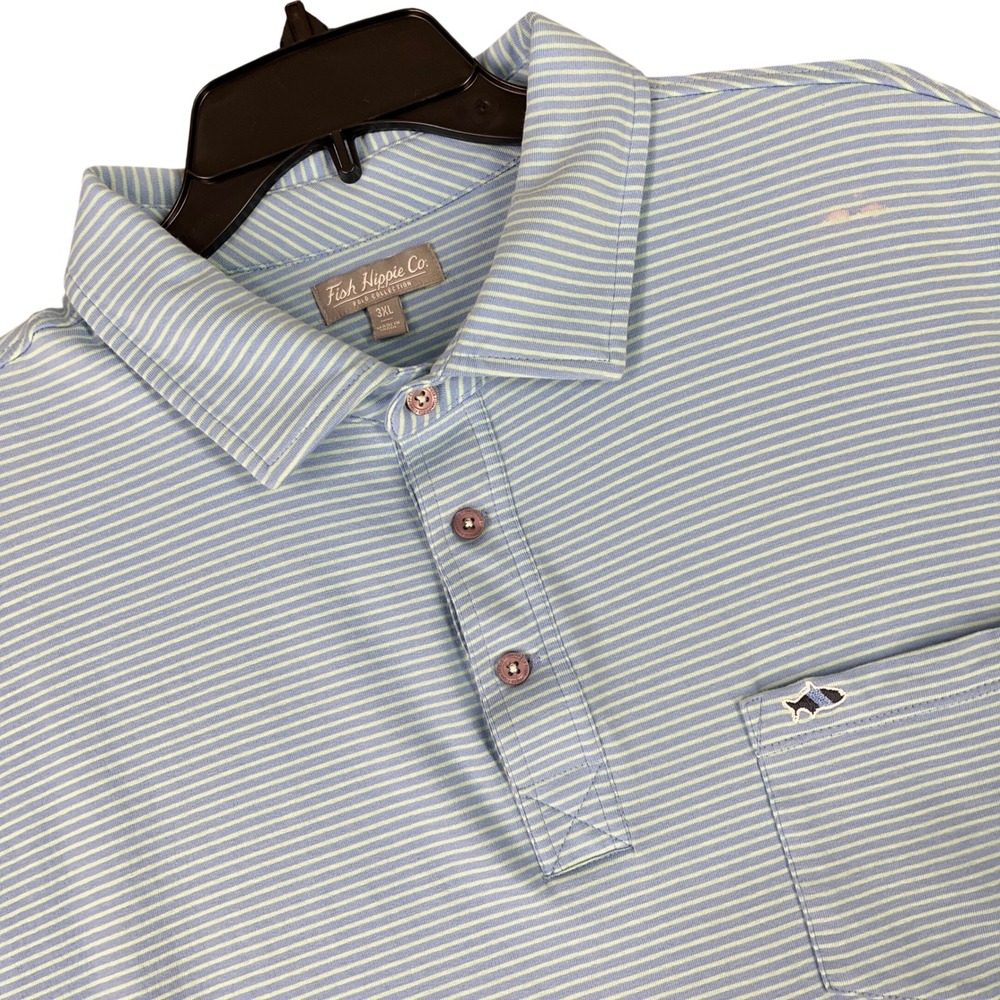 Fish Hippie Co Polo Striped Pocket Broken In Golf Shirt‎ Blue White 3XL Mens